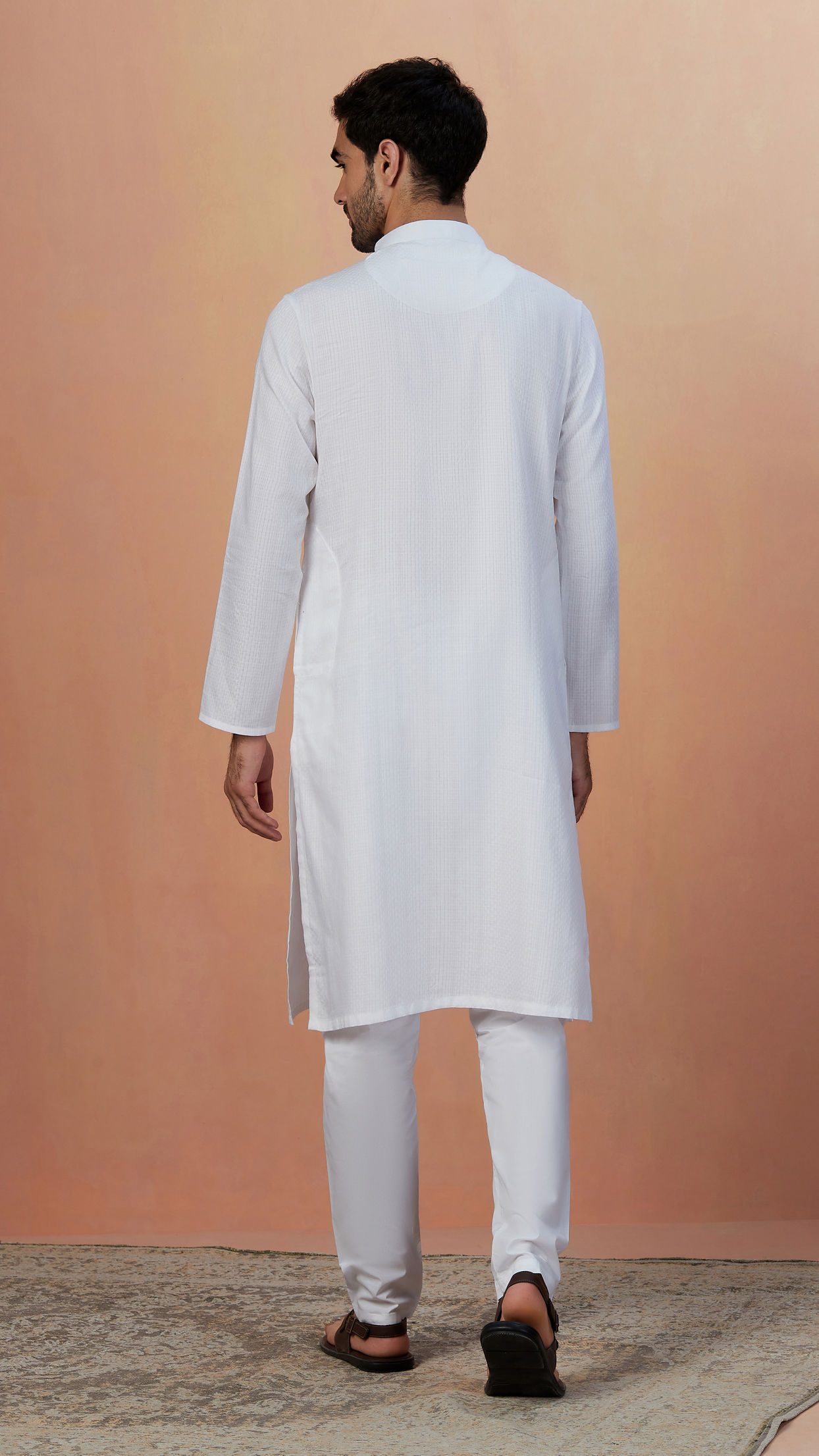 Manyavar Men White Self Striped Kurta Pajama