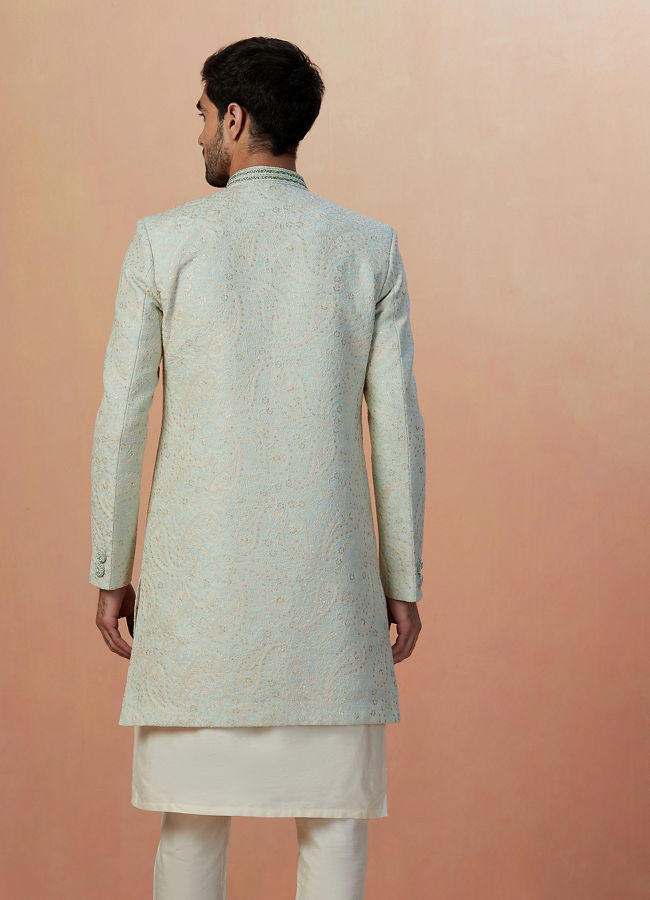 Manyavar Men Sage Green Self Design Indo Western