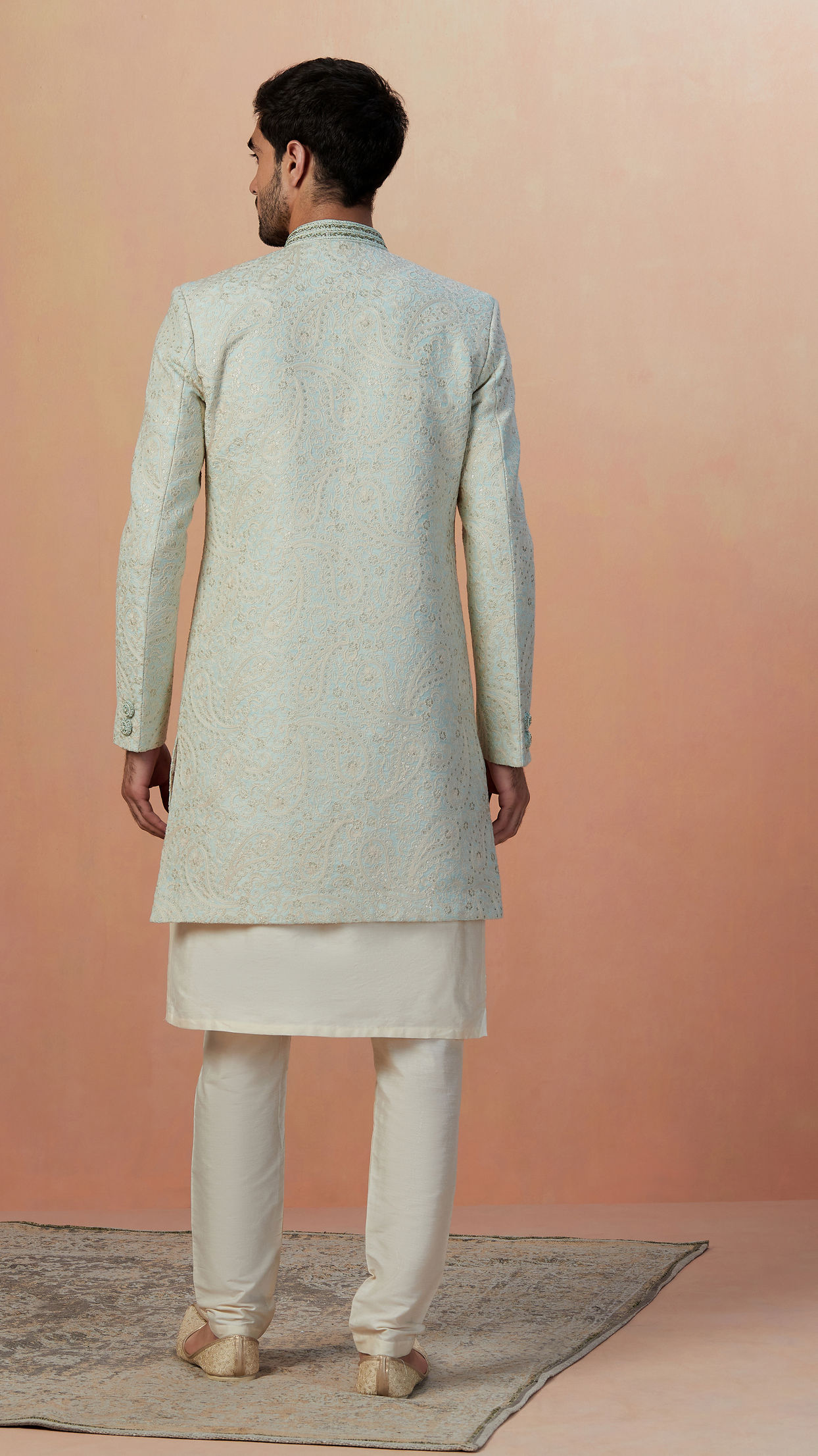 alt message - Manyavar Men Sage Green Self Design Indo Western image number 4