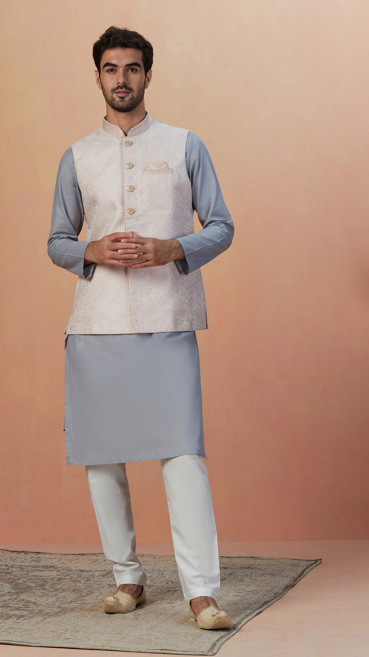 Manyavar Men Off White Self Design Jacket