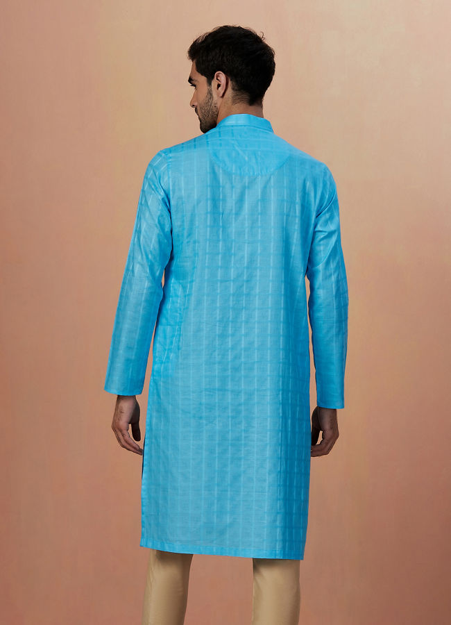 Manyavar Men Sky Blue Self Chequered Kurta Pajama