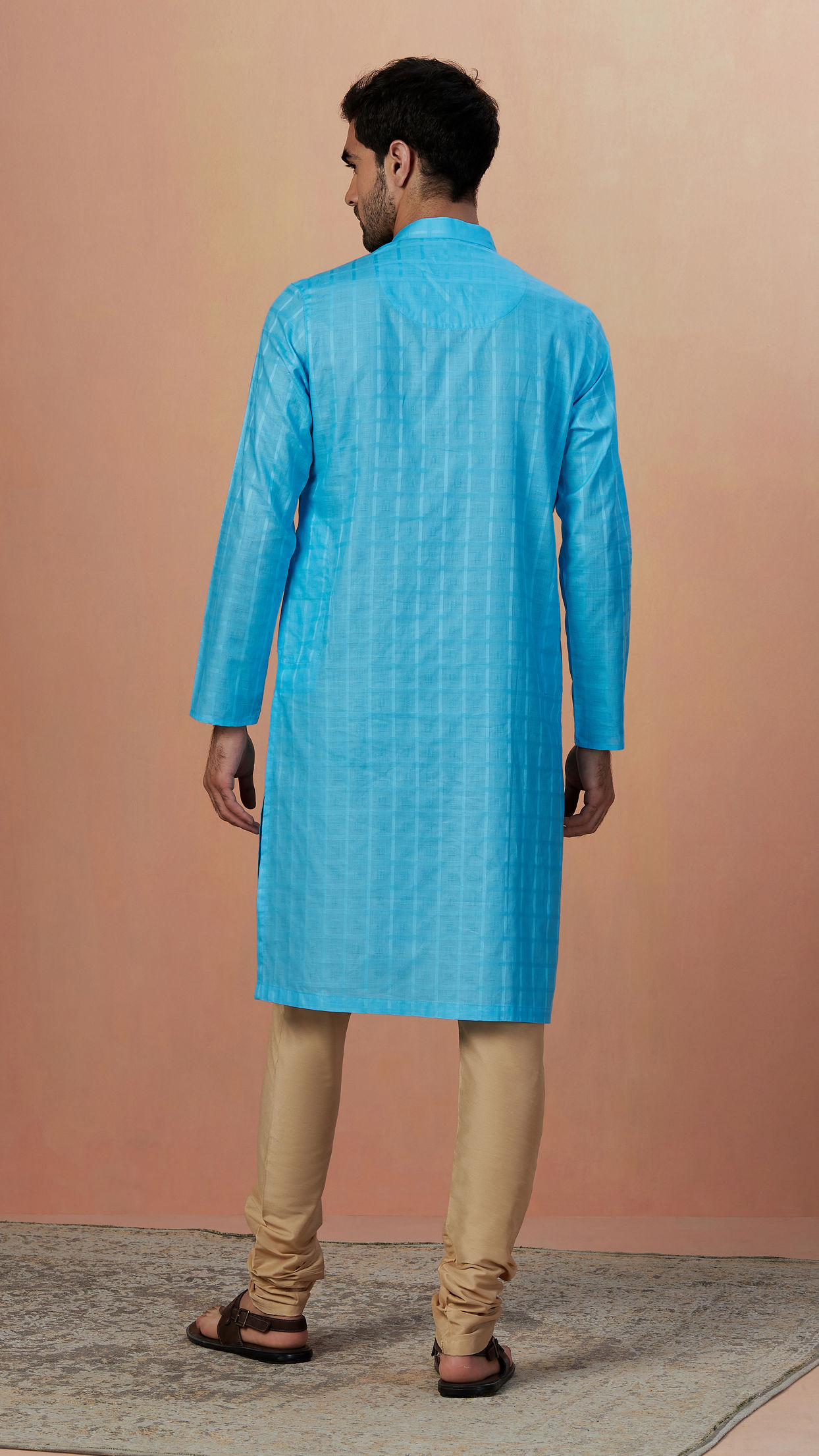 Manyavar Men Sky Blue Self Chequered Kurta Pajama