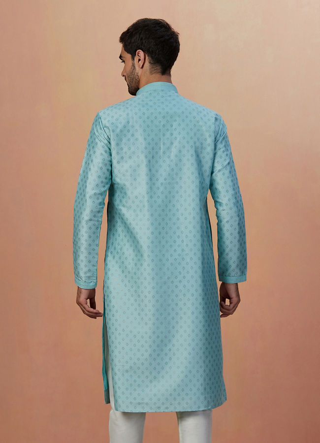 alt message - Manyavar Men Sea Green Kurta Pajama With Golden Motifs image number 4