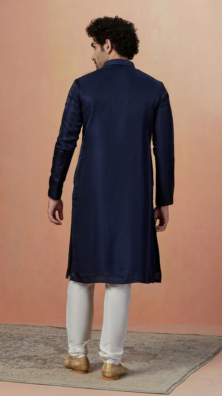 Manyavar Men Navy Blue Self Booti Kurta Pajama