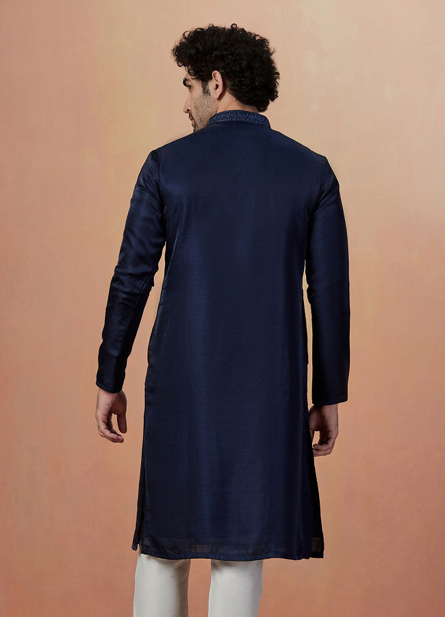 Manyavar Men Navy Blue Self Booti Kurta Pajama