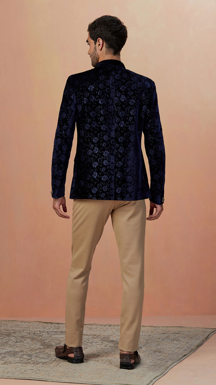 Manyavar Men Blue Floral Bandhgala Indo Western
