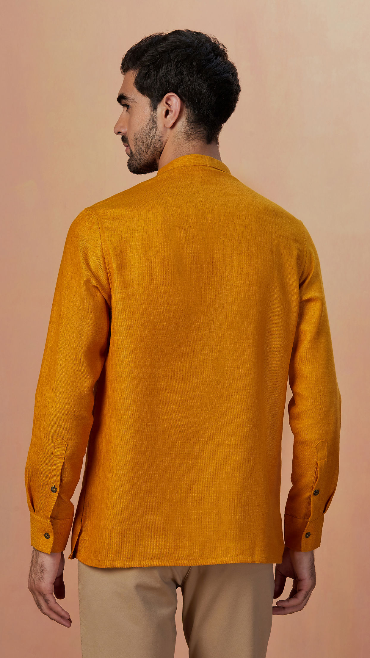 alt message - Manyavar Men Mustard Yellow Plain Short Kurta image number 3