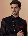 alt message - Manyavar Men Dark Blue Self Design Bandhgala Indo Western image number 0