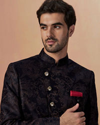 Manyavar Men Dark Blue Self Design Bandhgala Indo Western