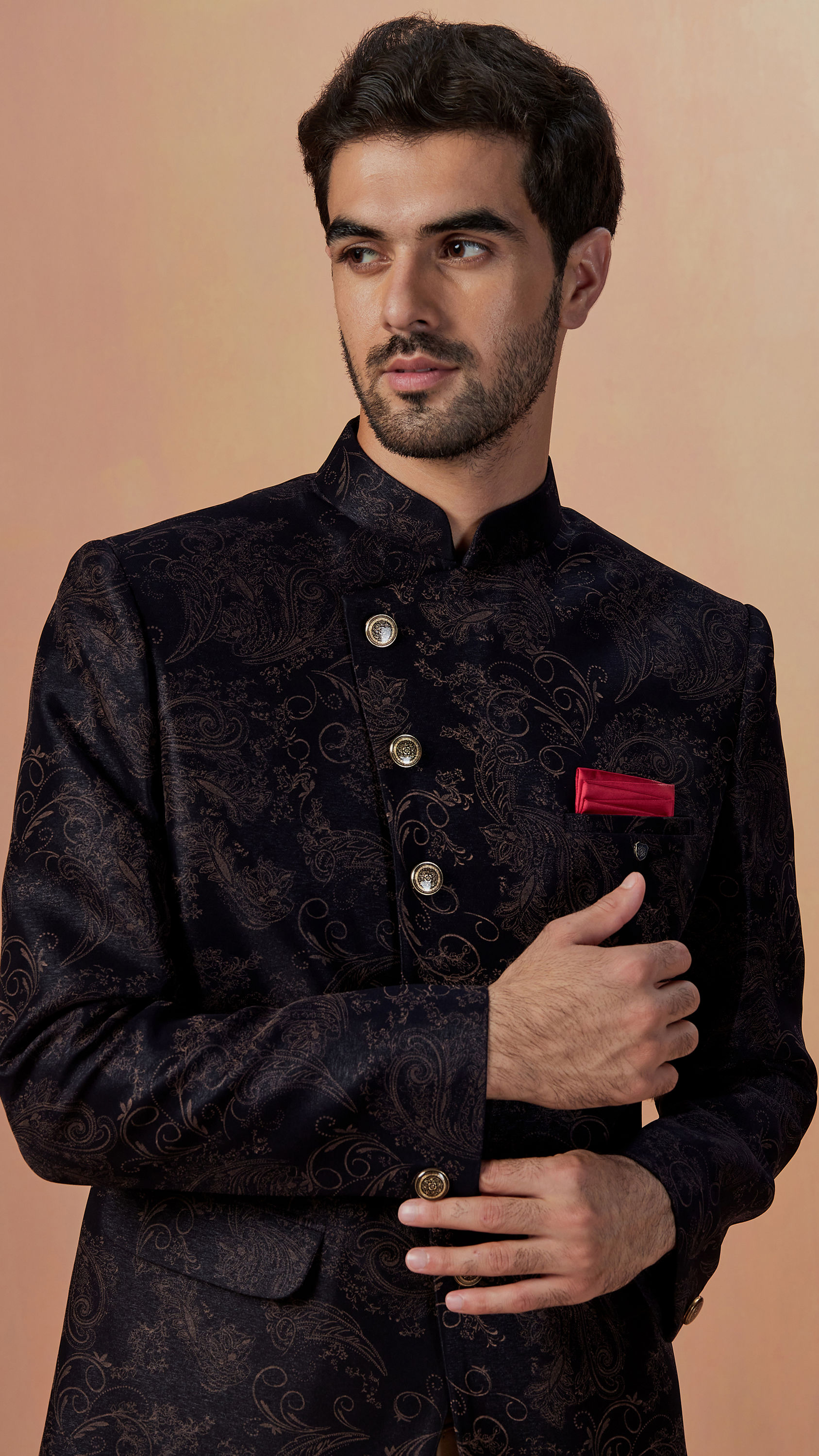 Manyavar Men Dark Blue Self Design Bandhgala Indo Western