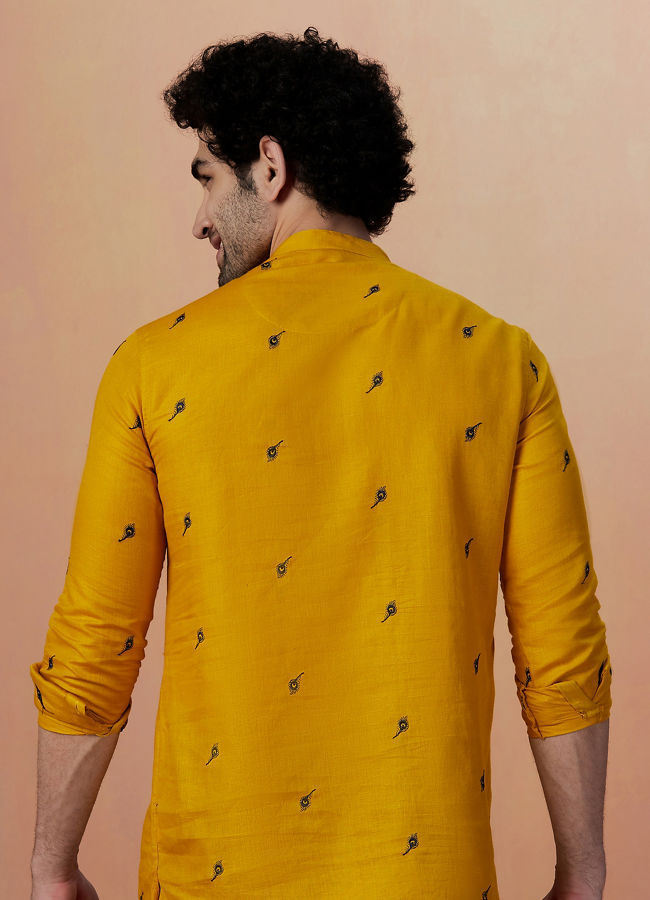 Manyavar Men Mustard Yellow Embroidered Short Kurta