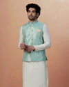 alt message - Manyavar Men Teal Jacket With Golden Motifs image number 1