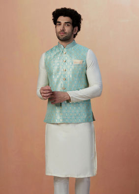 alt message - Manyavar Men Teal Jacket With Golden Motifs image number 1