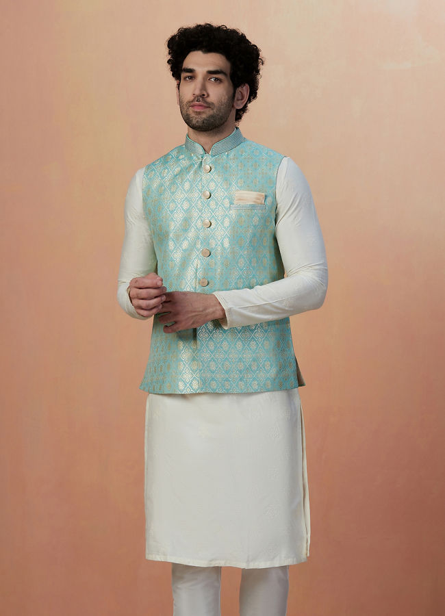 alt message - Manyavar Men Teal Jacket With Golden Motifs image number 1