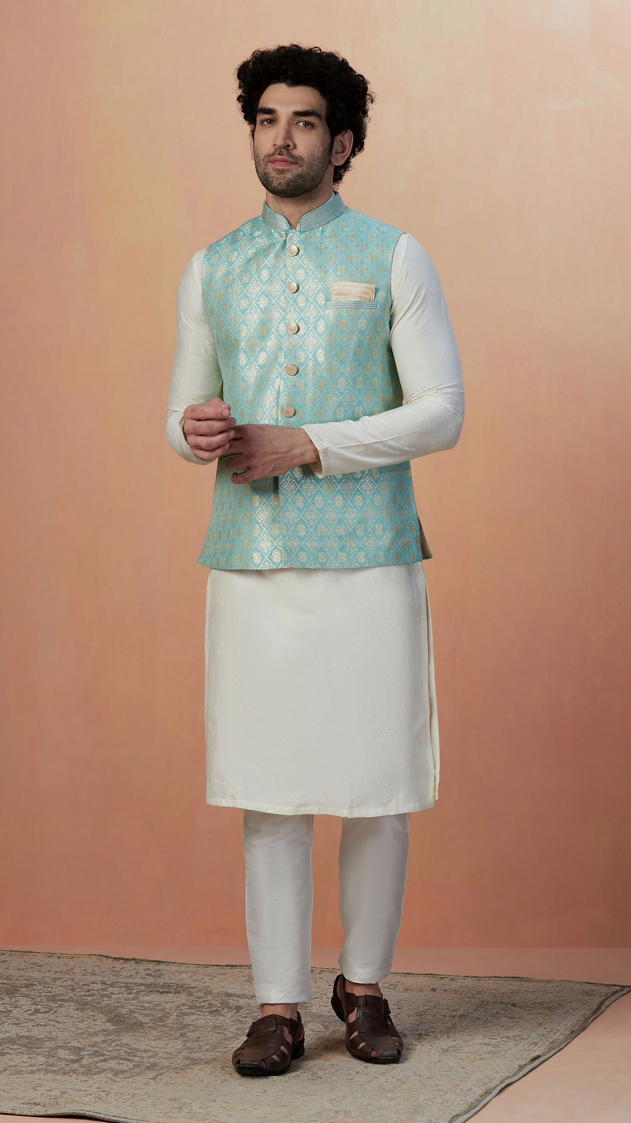 alt message - Manyavar Men Teal Jacket With Golden Motifs image number 1