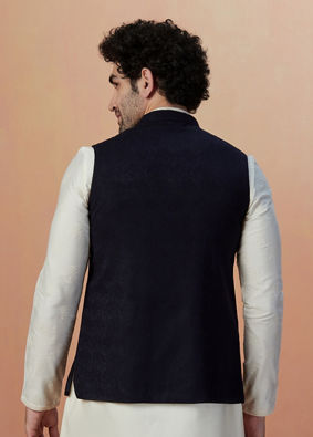 alt message - Manyavar Men Dark Blue Self Design Jacket image number 2