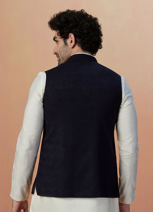 Manyavar Men Dark Blue Self Design Jacket