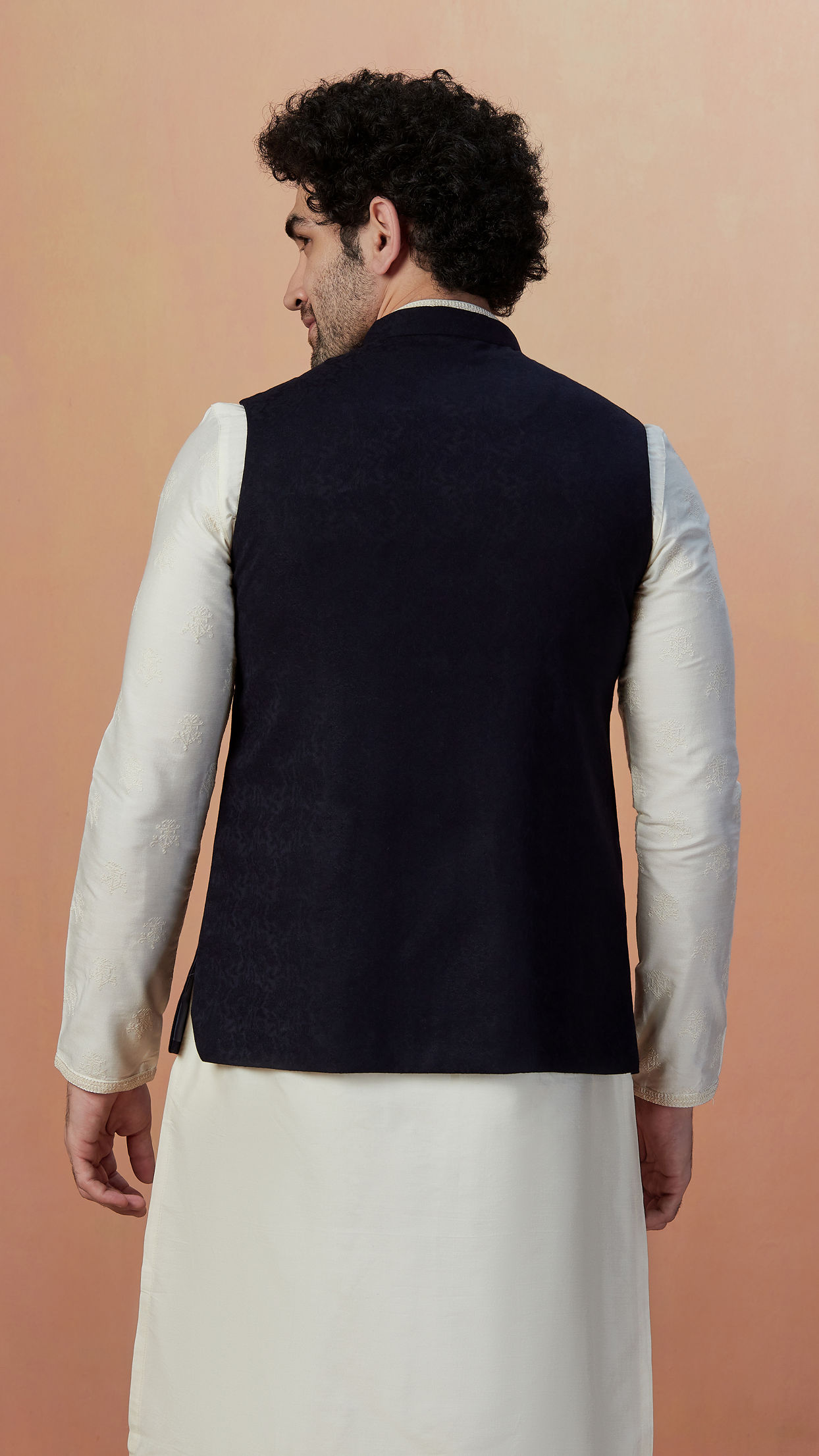 alt message - Manyavar Men Dark Blue Self Design Jacket image number 2