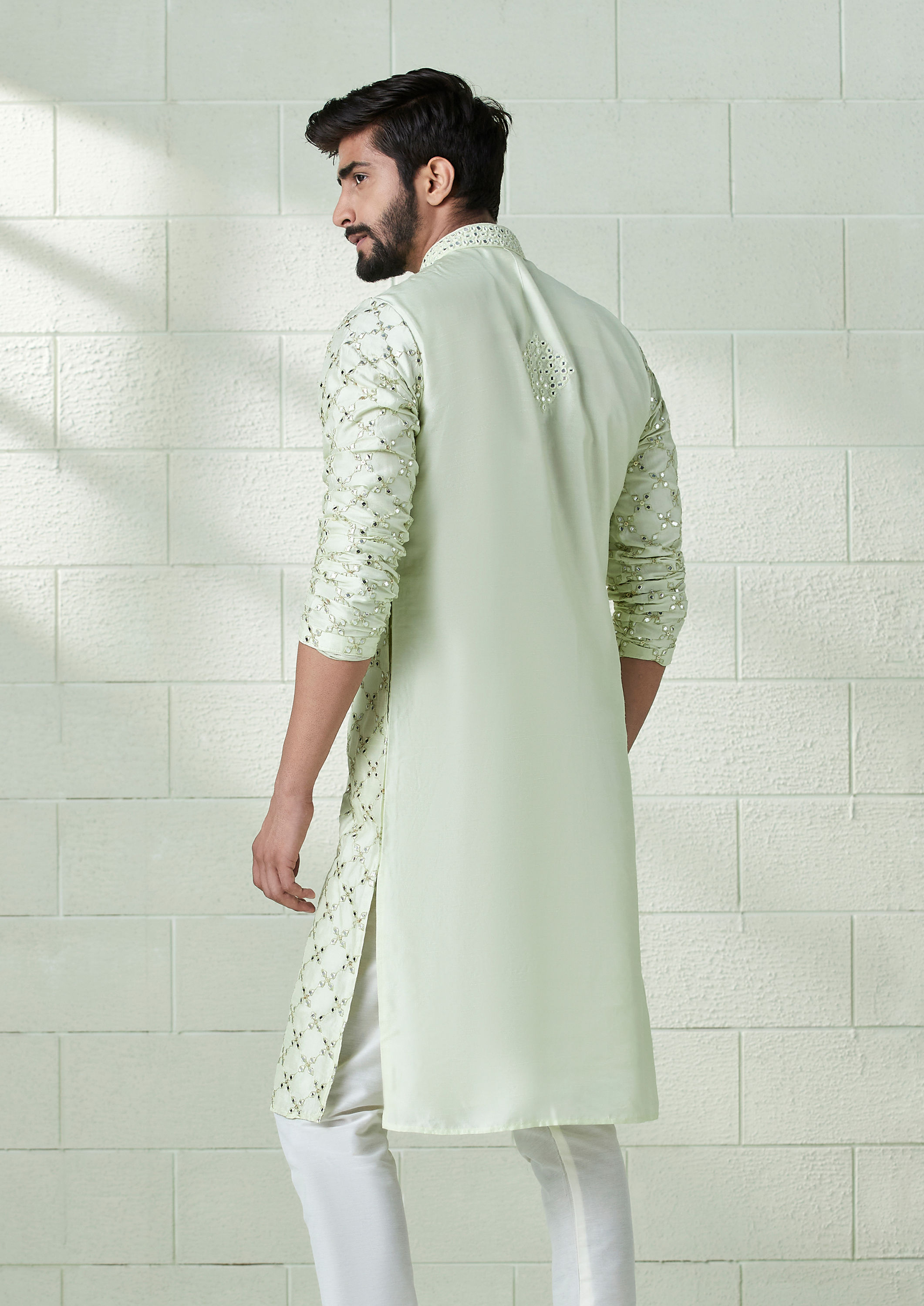 Twamev Men Mint Green Mirror Work Kurta Set