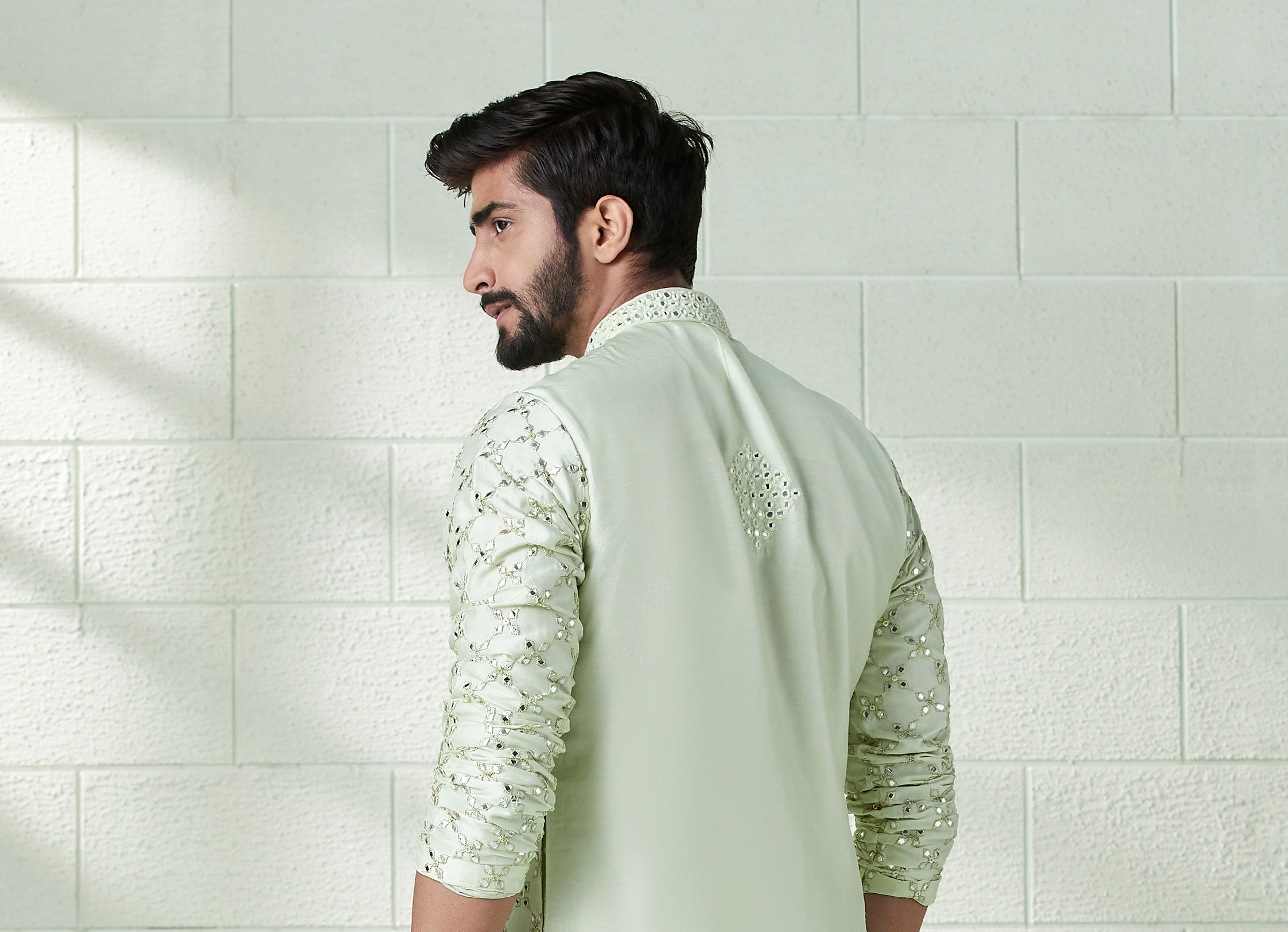 Twamev Men Mint Green Mirror Work Kurta Set