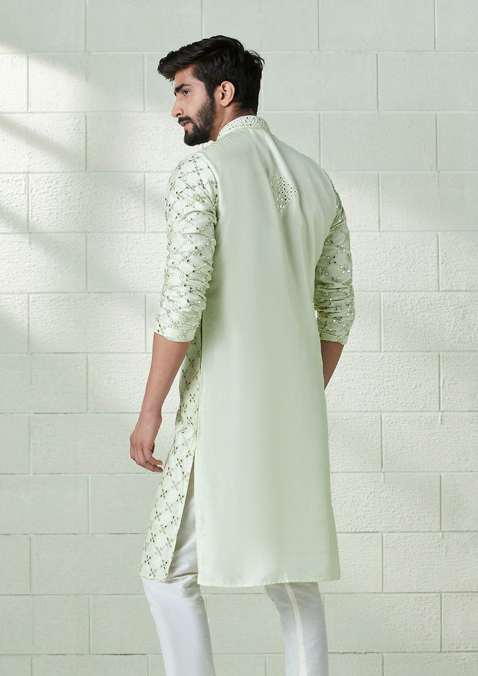 Twamev Men Mint Green Mirror Work Kurta Set