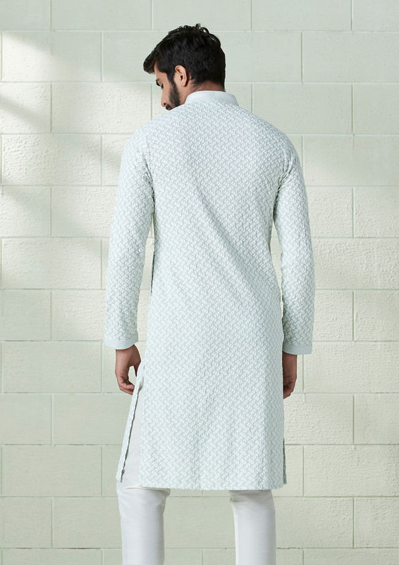 Twamev Men Ice Blue Chikankari Embroidered Kurta Set