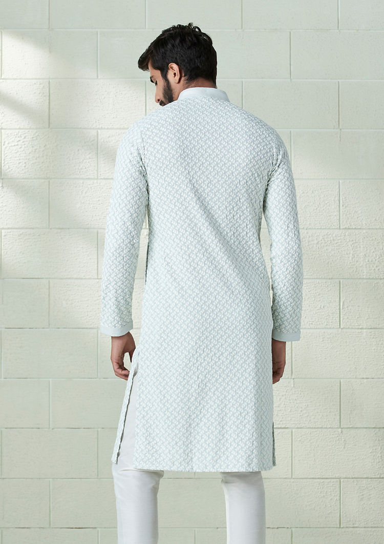 Twamev Men Ice Blue Chikankari Embroidered Kurta Set