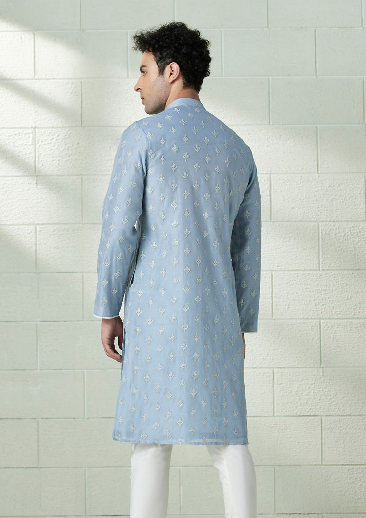 Twamev Men Frost Blue Angrakha Style Kurta Set image number 3