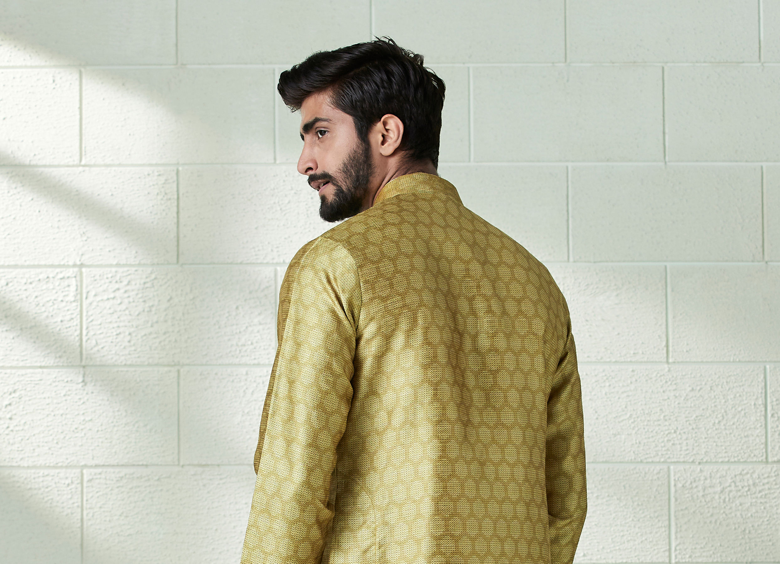 Twamev Men Amber Gold Honeycomb Print Kurta Set