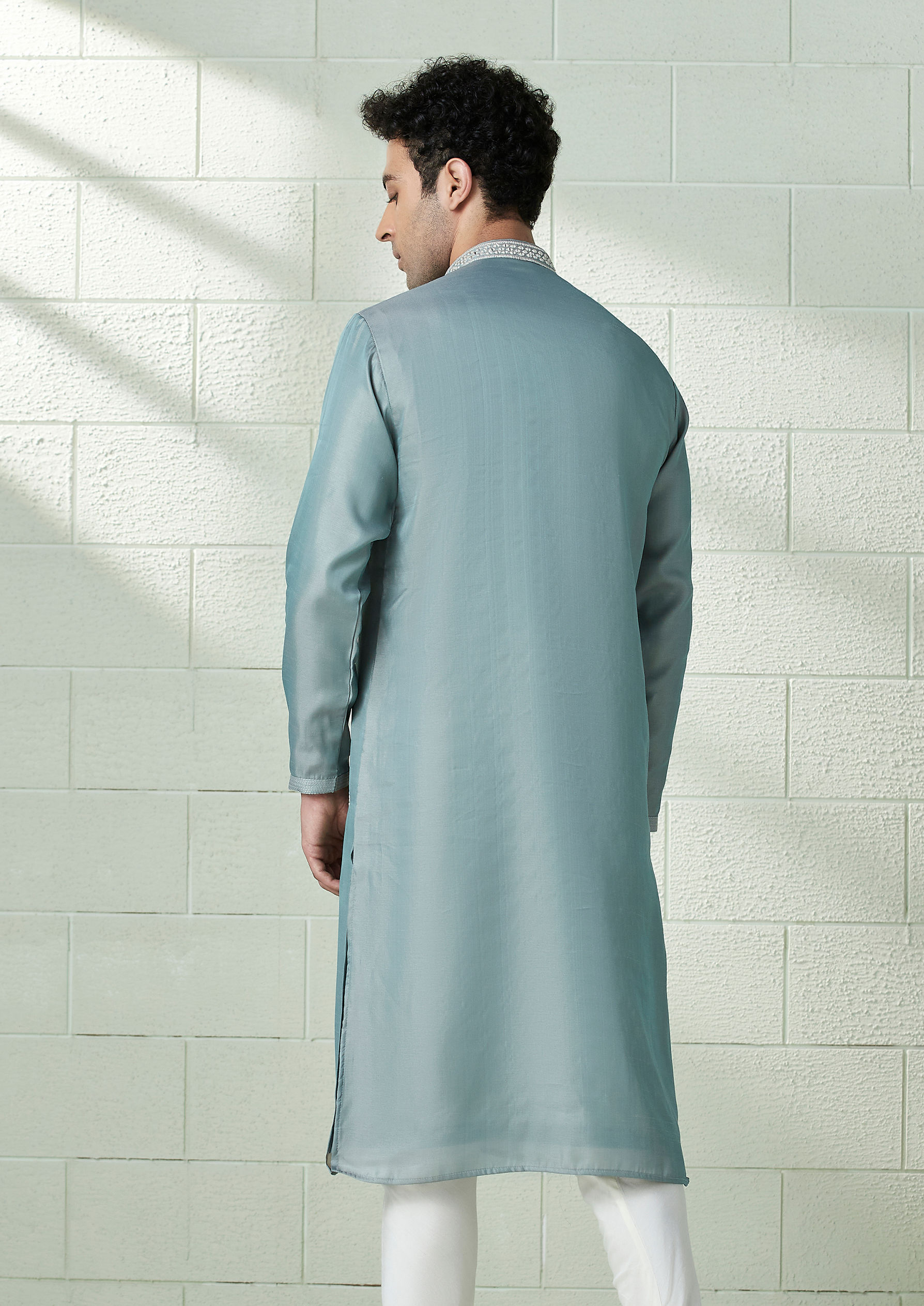 Twamev Men Eggshell Blue Mirror Embellished Kurta Set