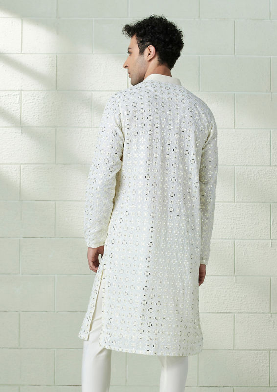Twamev Men Pearl White Chikankari Embroidered Kurta Set