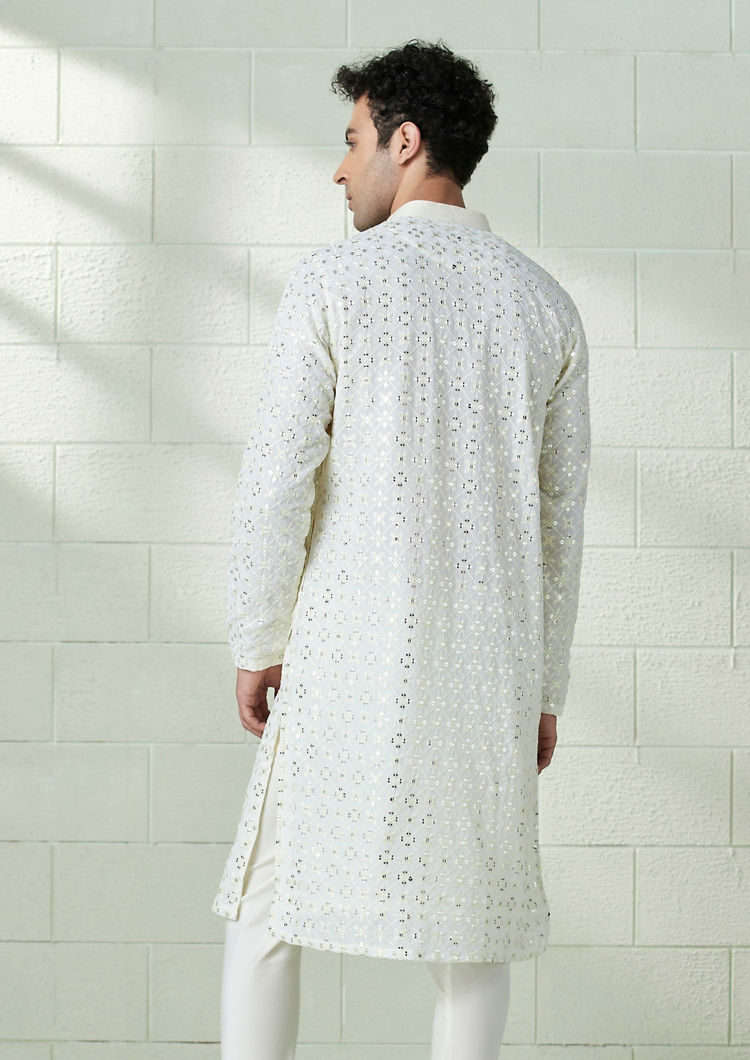 Twamev Men Pearl White Chikankari Embroidered Kurta Set