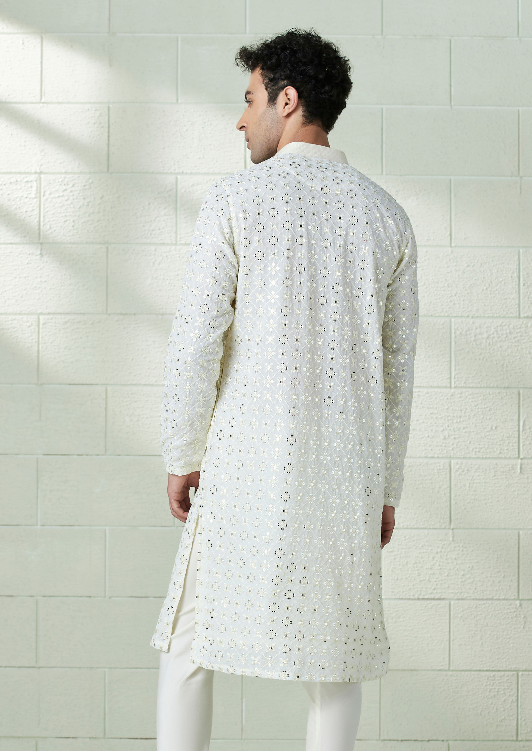 Twamev Men Pearl White Chikankari Embroidered Kurta Set