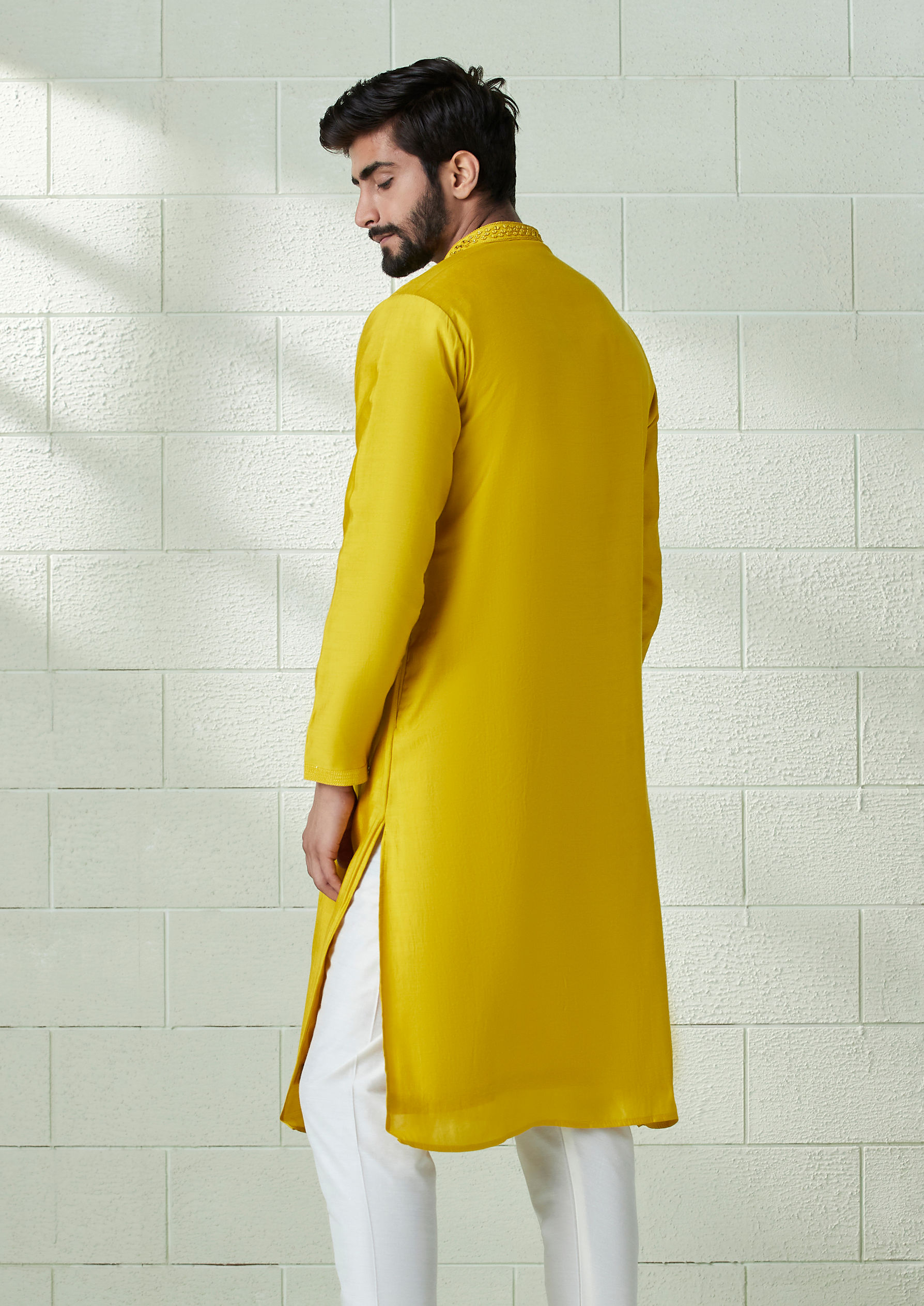 Twamev Men Empire Yellow Mirror Embroidered Kurta Set