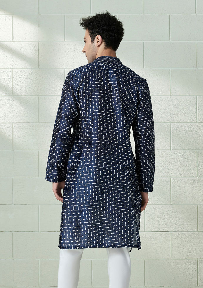 Twamev Men Estate Blue Contrast Print Kurta Set