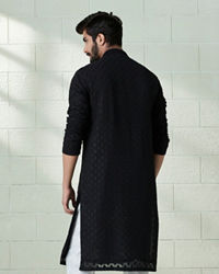 Twamev Men Onyx Black Allover Embroidered Kurta Set