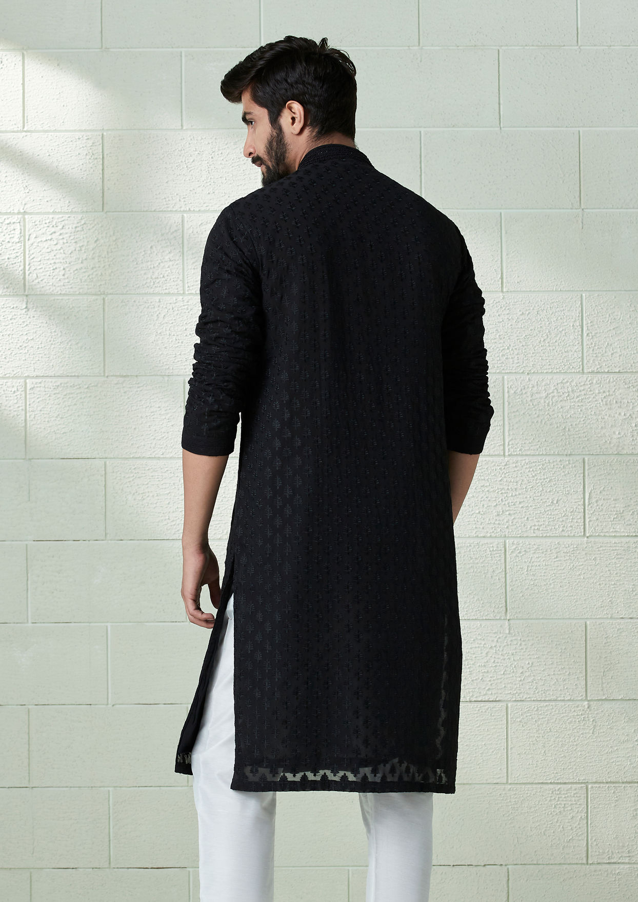 alt message - Twamev Men Onyx Black Allover Embroidered Kurta Set image number 3