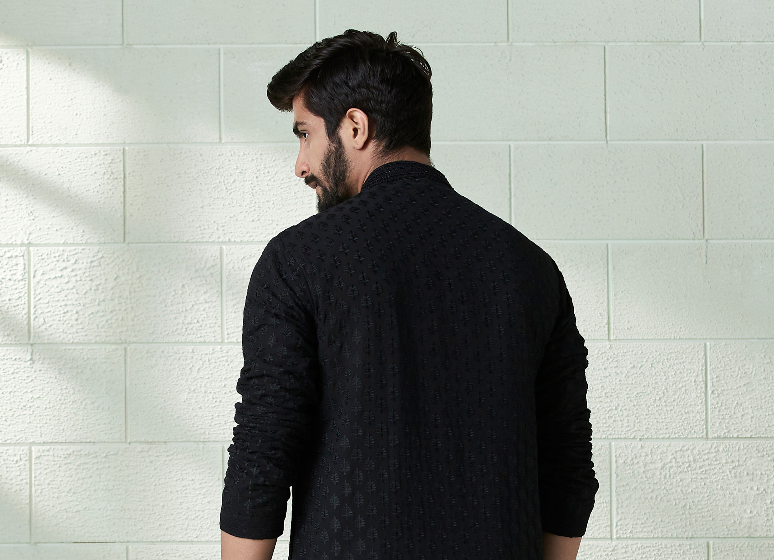 Twamev Men Onyx Black Allover Embroidered Kurta Set