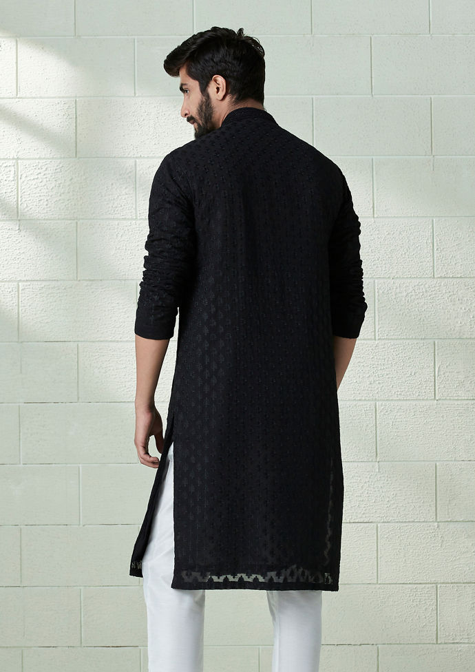 Twamev Men Onyx Black Allover Embroidered Kurta Set