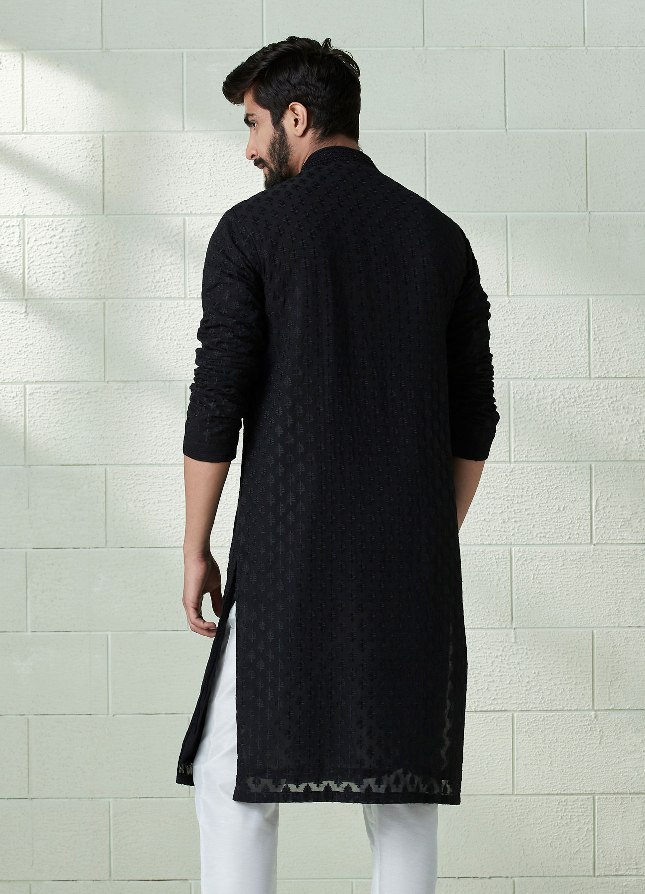 Twamev Men Onyx Black Allover Embroidered Kurta Set