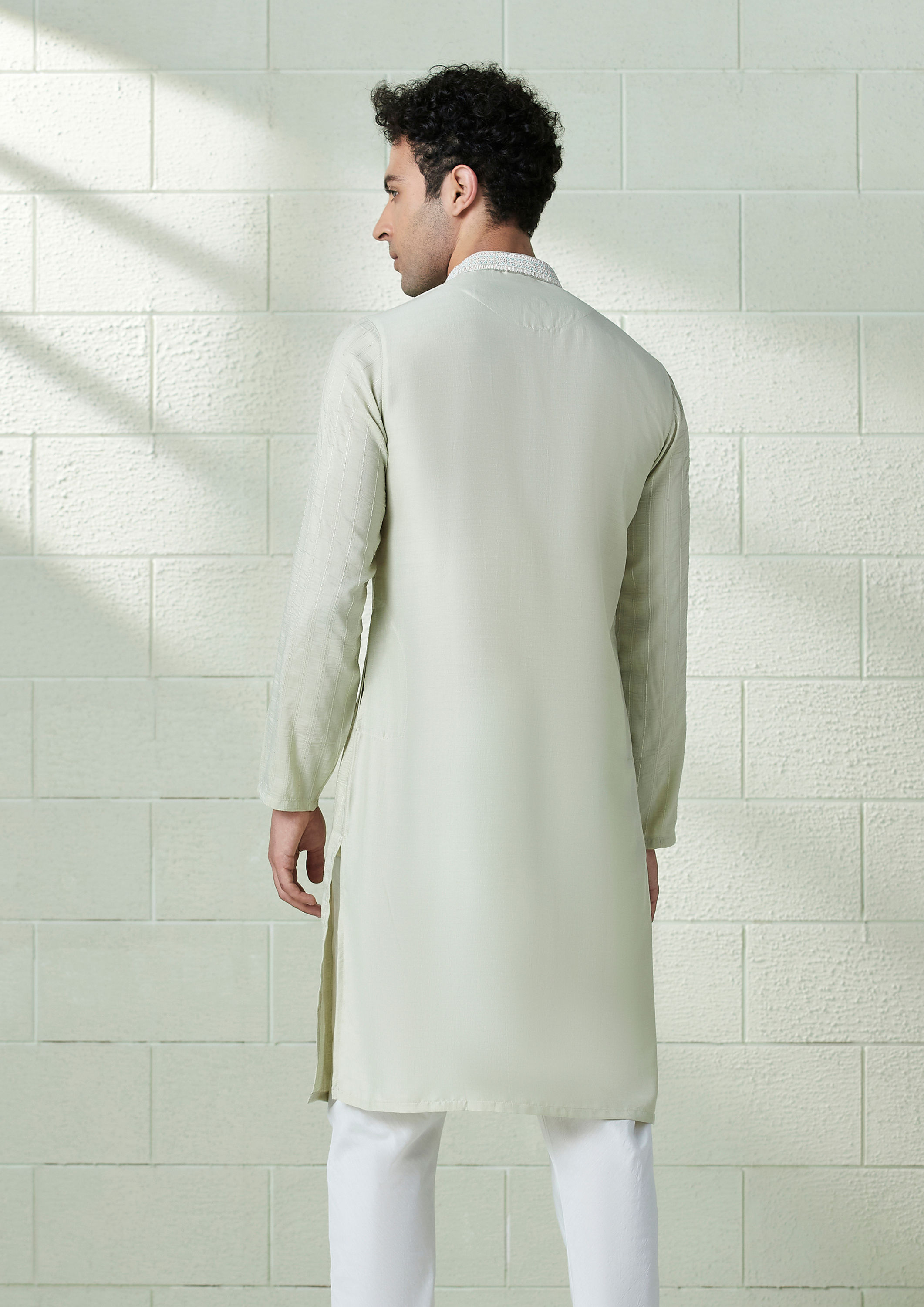 Twamev Men Pistachio Green Jacquard Weave Kurta Set