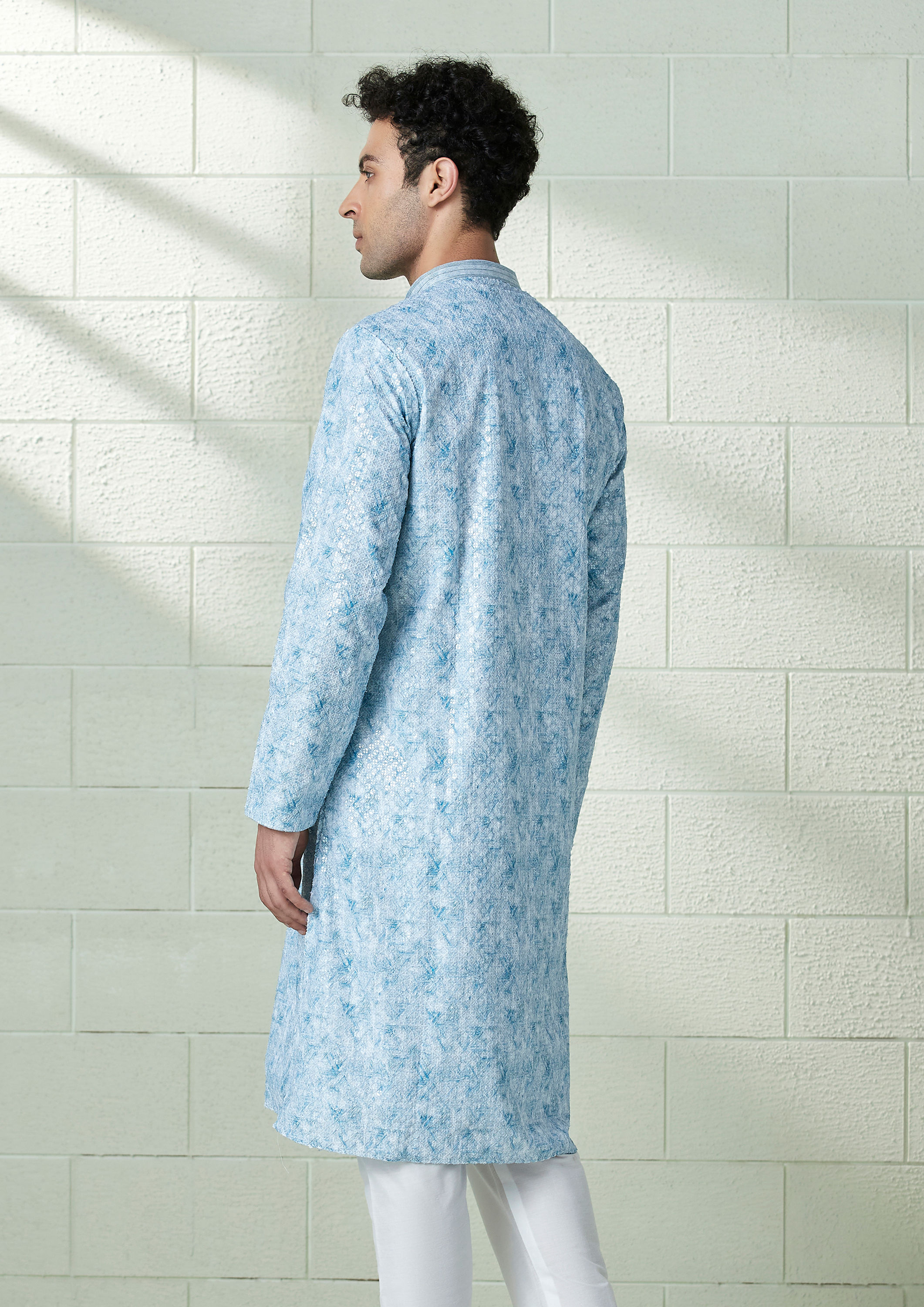 Twamev Men Sky Blue Printed Chikankari Kurta Set image number 3