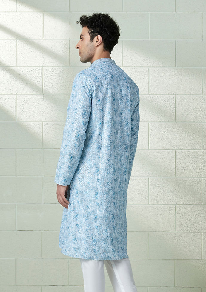 Twamev Men Sky Blue Printed Chikankari Kurta Set image number 3