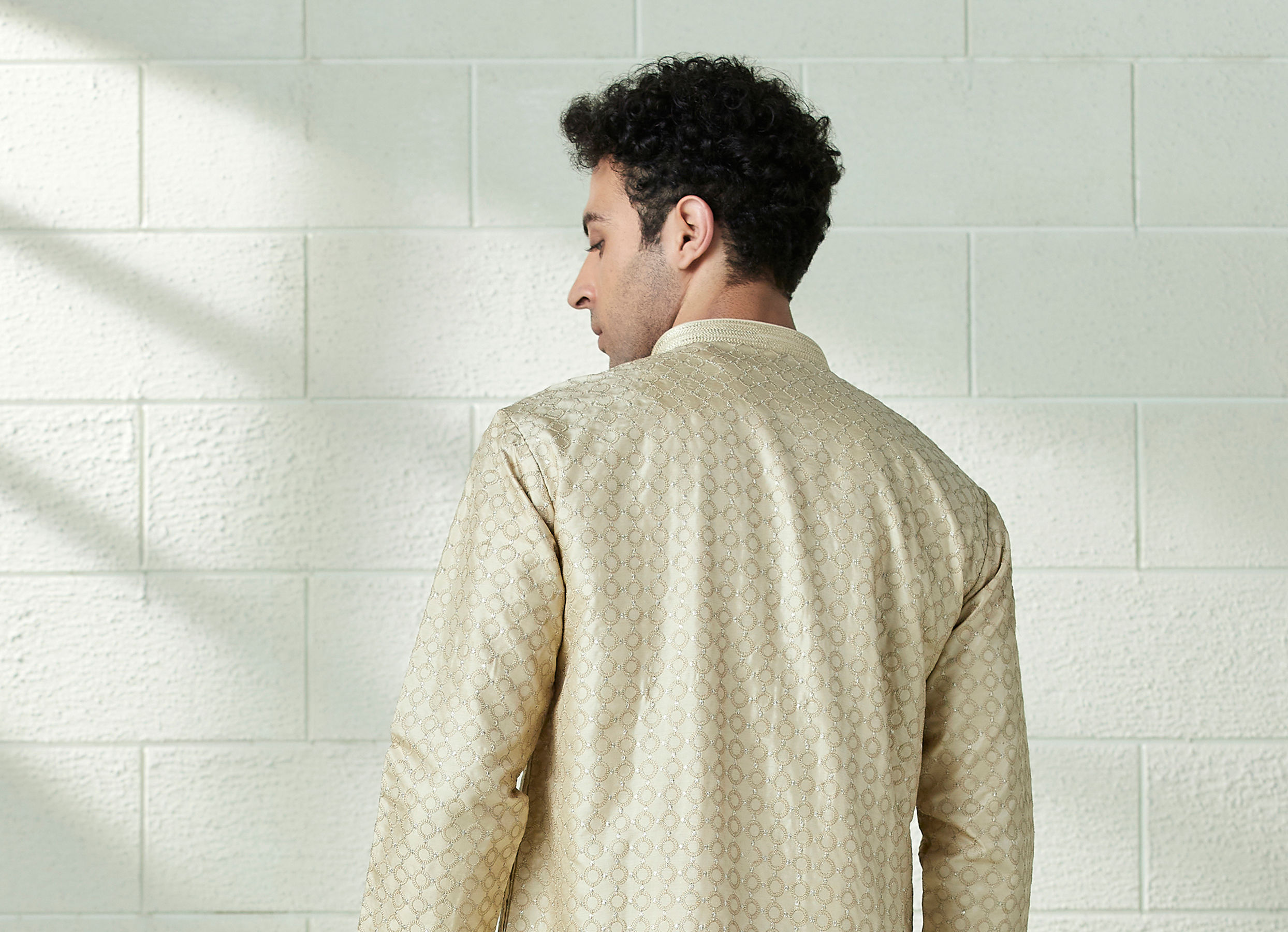 Twamev Men Biscuit Gold Self Patterned Kurta Set