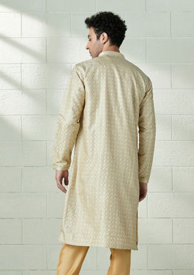 alt message - Twamev Men Biscuit Gold Self Patterned Kurta Set image number 3