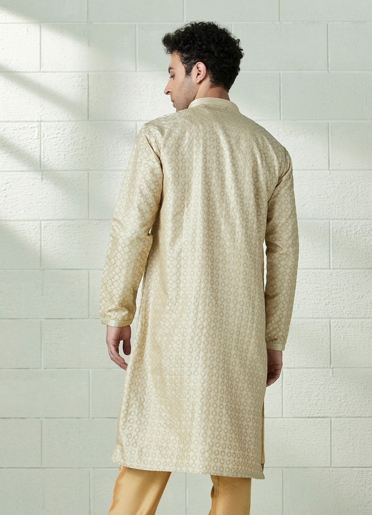 Twamev Men Biscuit Gold Self Patterned Kurta Set