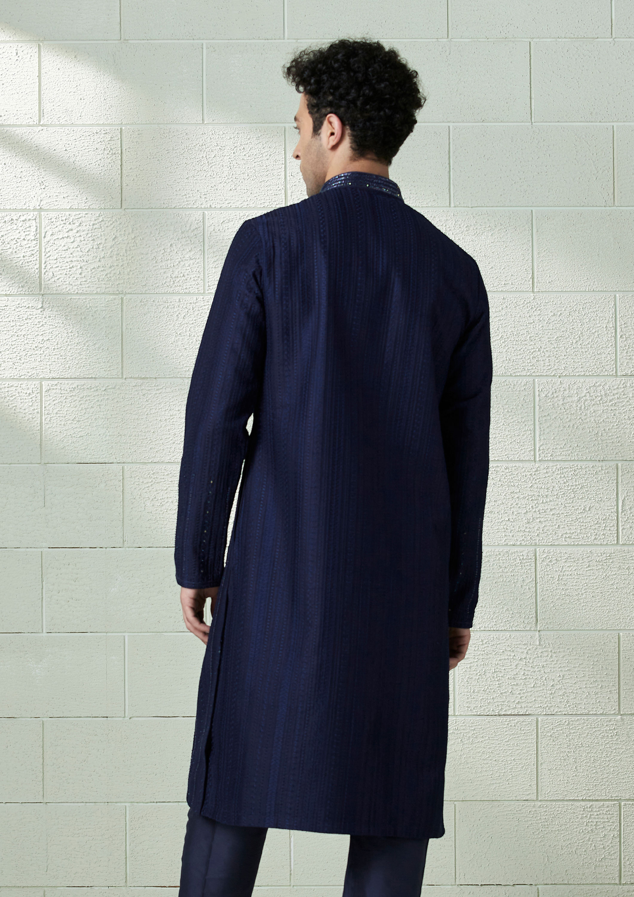 Twamev Men Ink Blue Striped Design Kurta Set