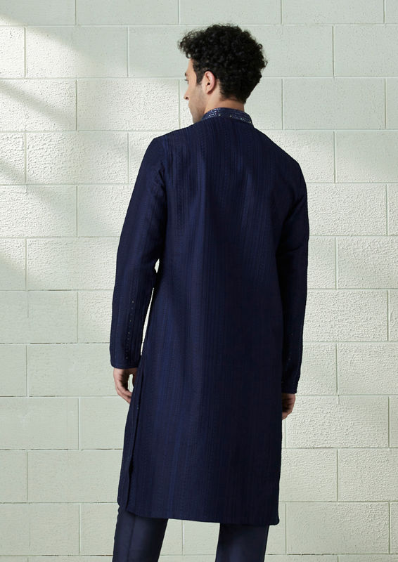 Twamev Men Ink Blue Striped Design Kurta Set