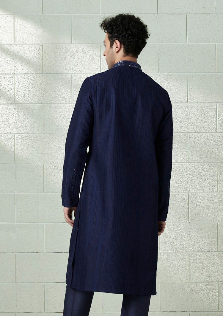 Twamev Men Ink Blue Striped Design Kurta Set