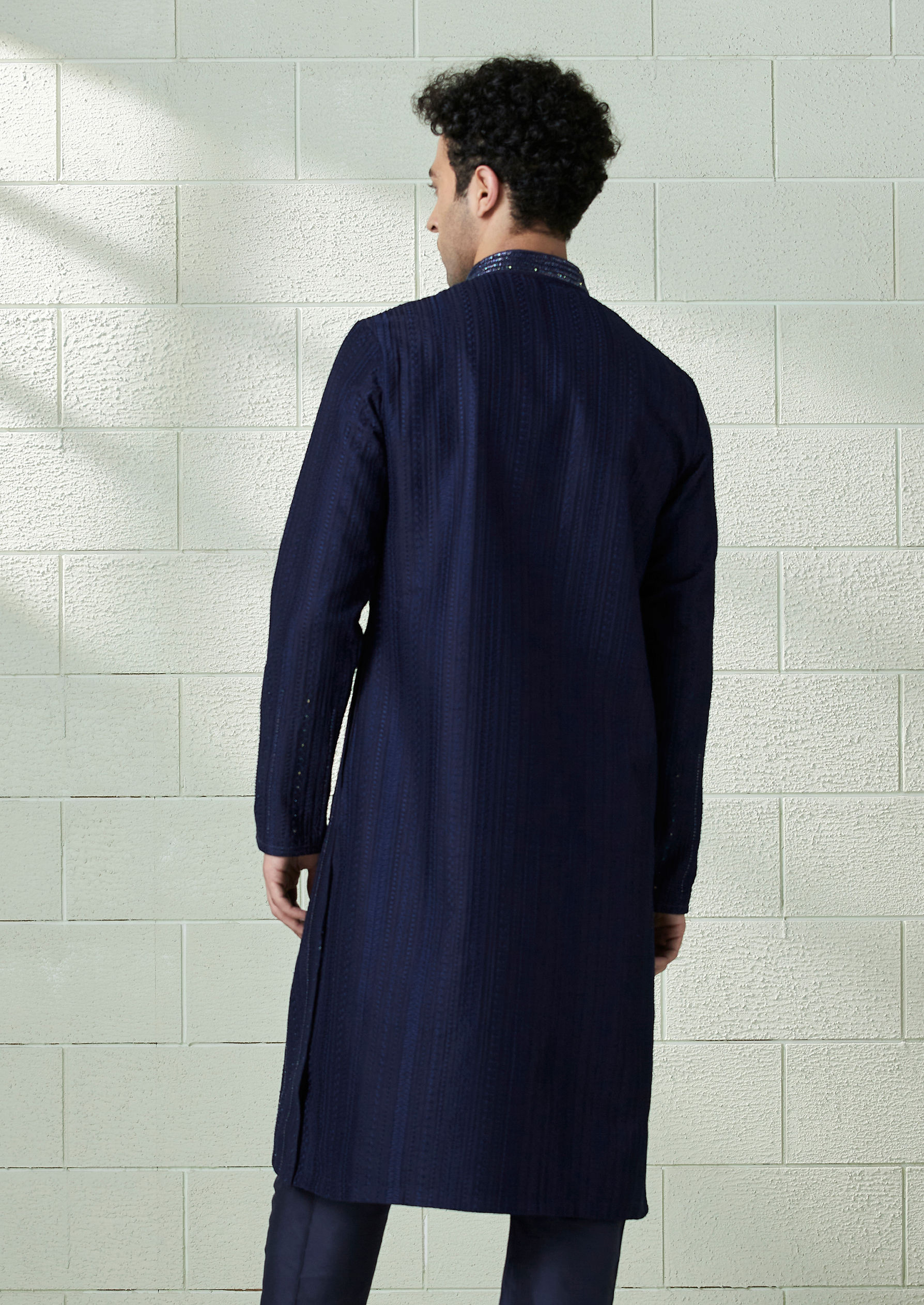 Twamev Men Ink Blue Striped Design Kurta Set